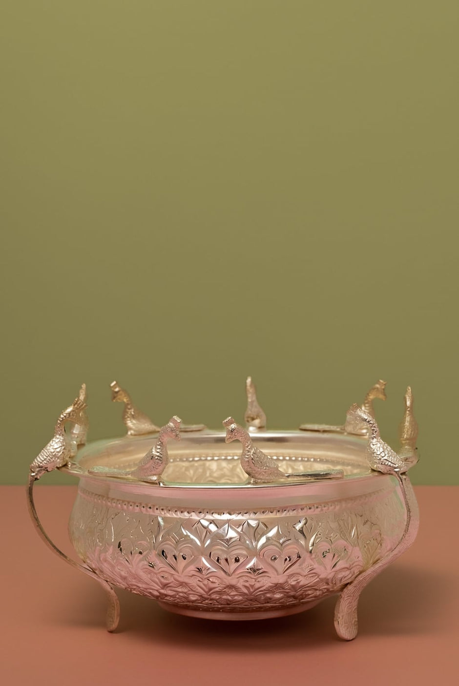 8" Peacock Urli — Silver Plated with Peacock Figurines