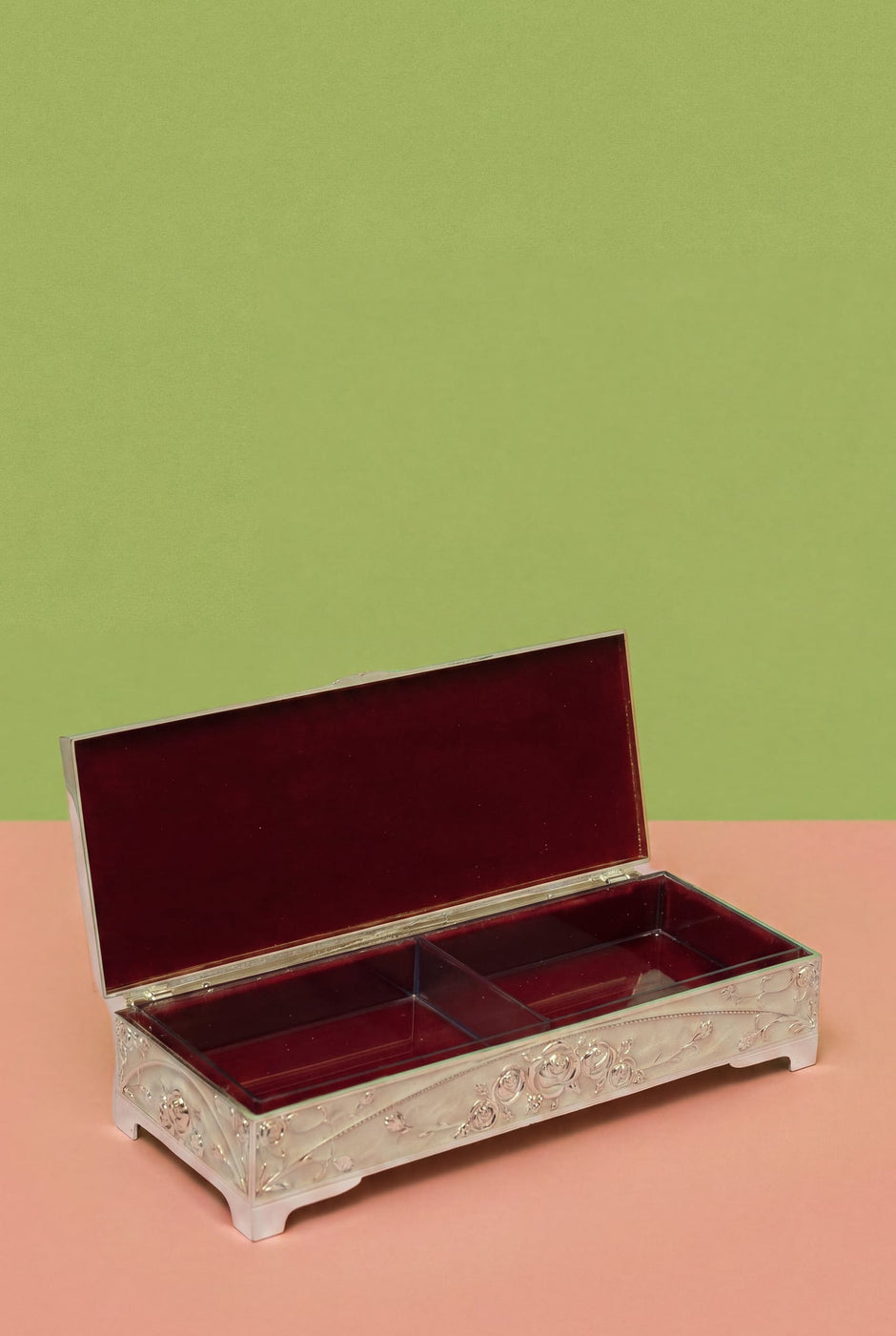 Rectangle Ivory Box — Silver Plated Peacock Engraved 9.5" x 3.5"