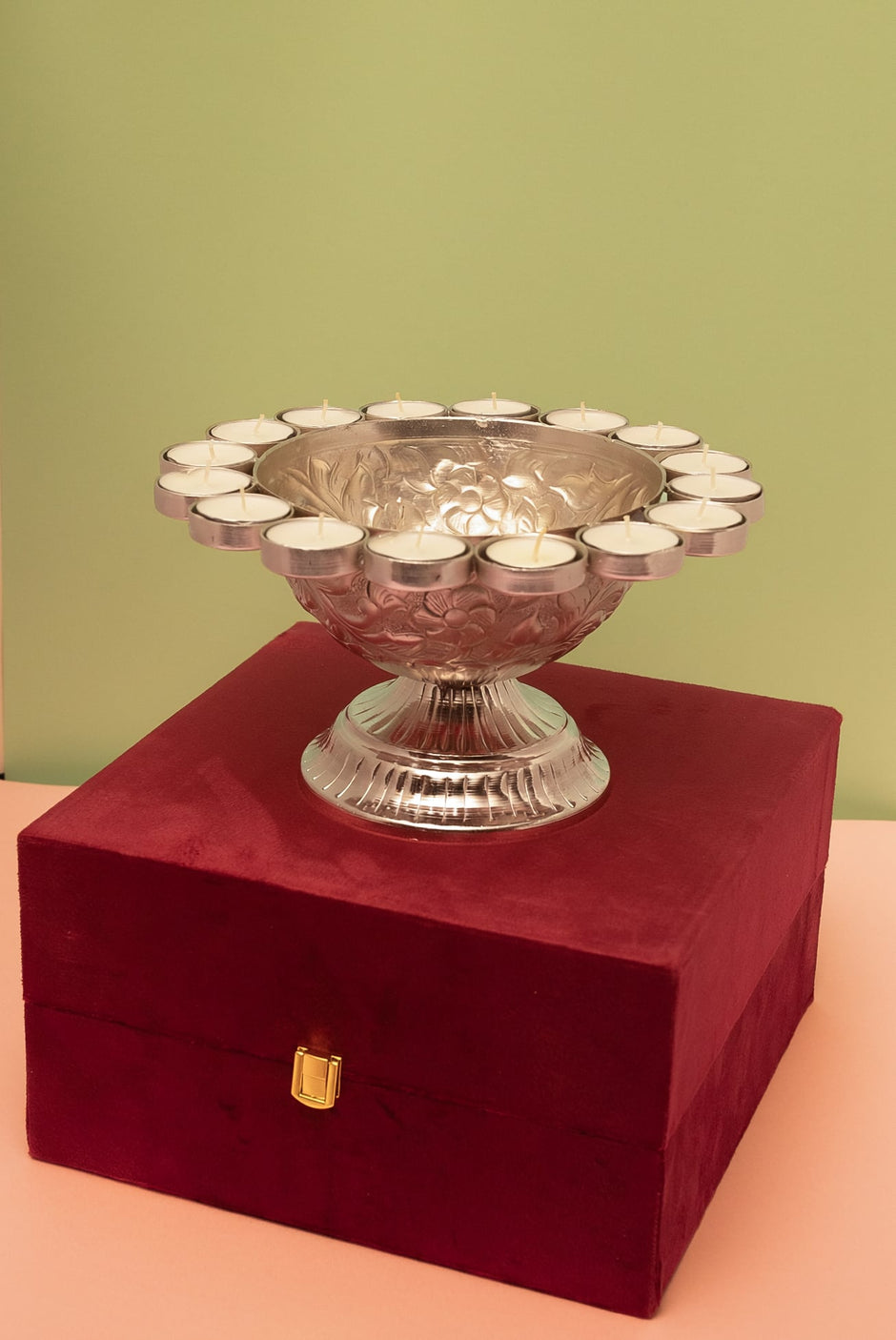 Silver Plated Tealight Urli with Stand — 9.5" in Velvet Box