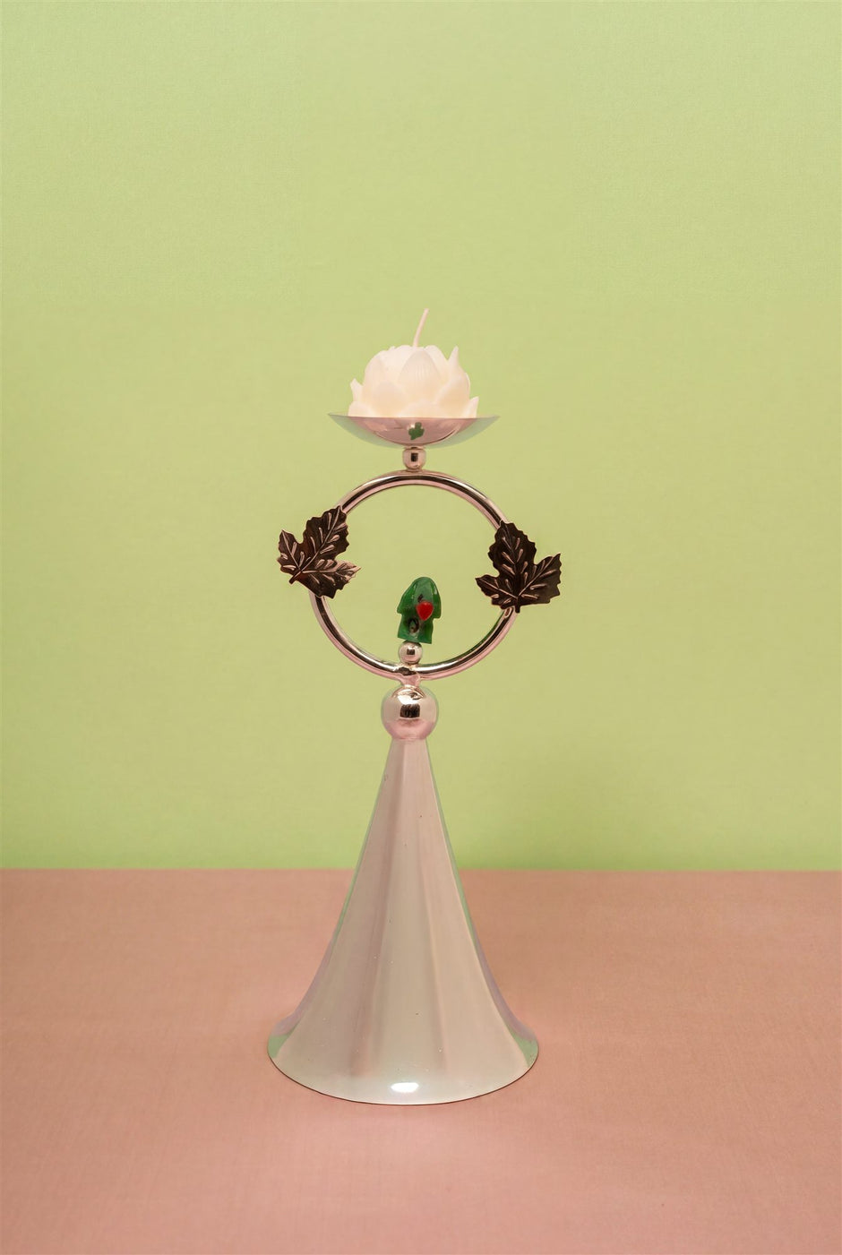Parrot Candle Stand — silver plated candle stand with green parrot, leaves and lotus candle