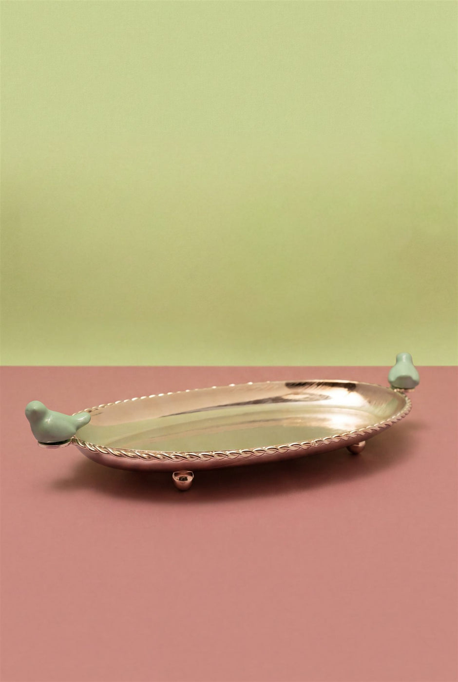 Oval Tray with Ceramic Birds — Silver Plated 10" x 5.5"