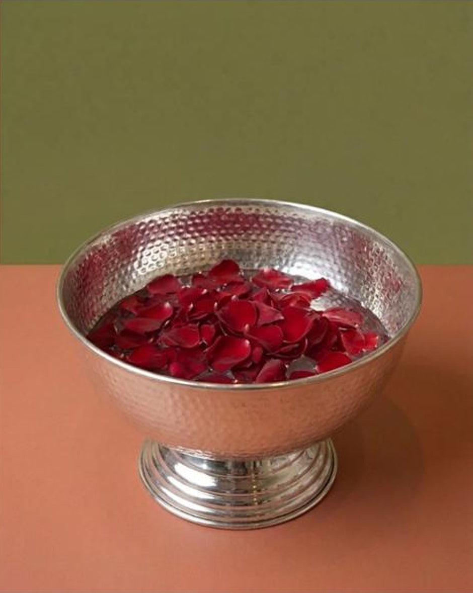 Hammered Chiller Tub — silver plated 15 inch hammered tub on a pedestal base, filled with rose petals