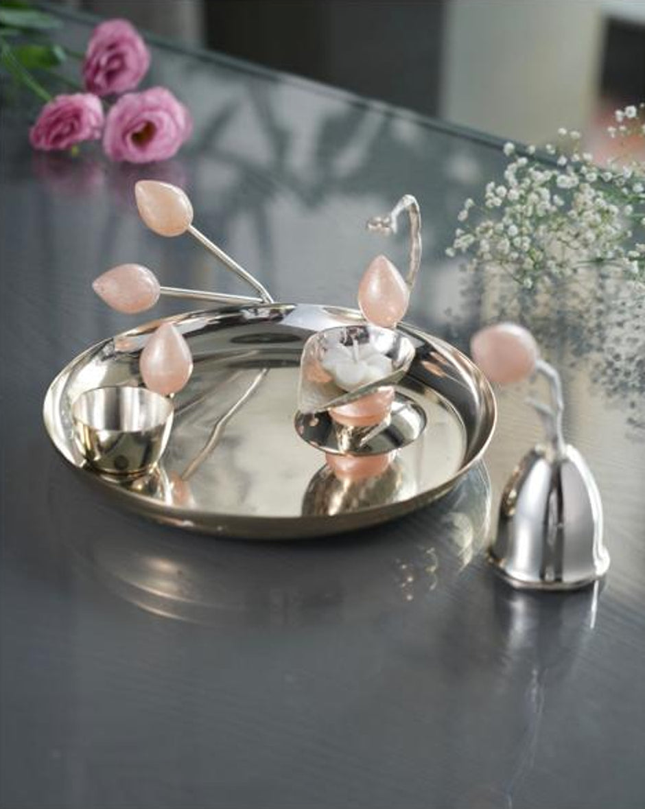 Pink Bud Pooja Thali — silver plated puja thali with pink bud stems, bowl, diya and bell