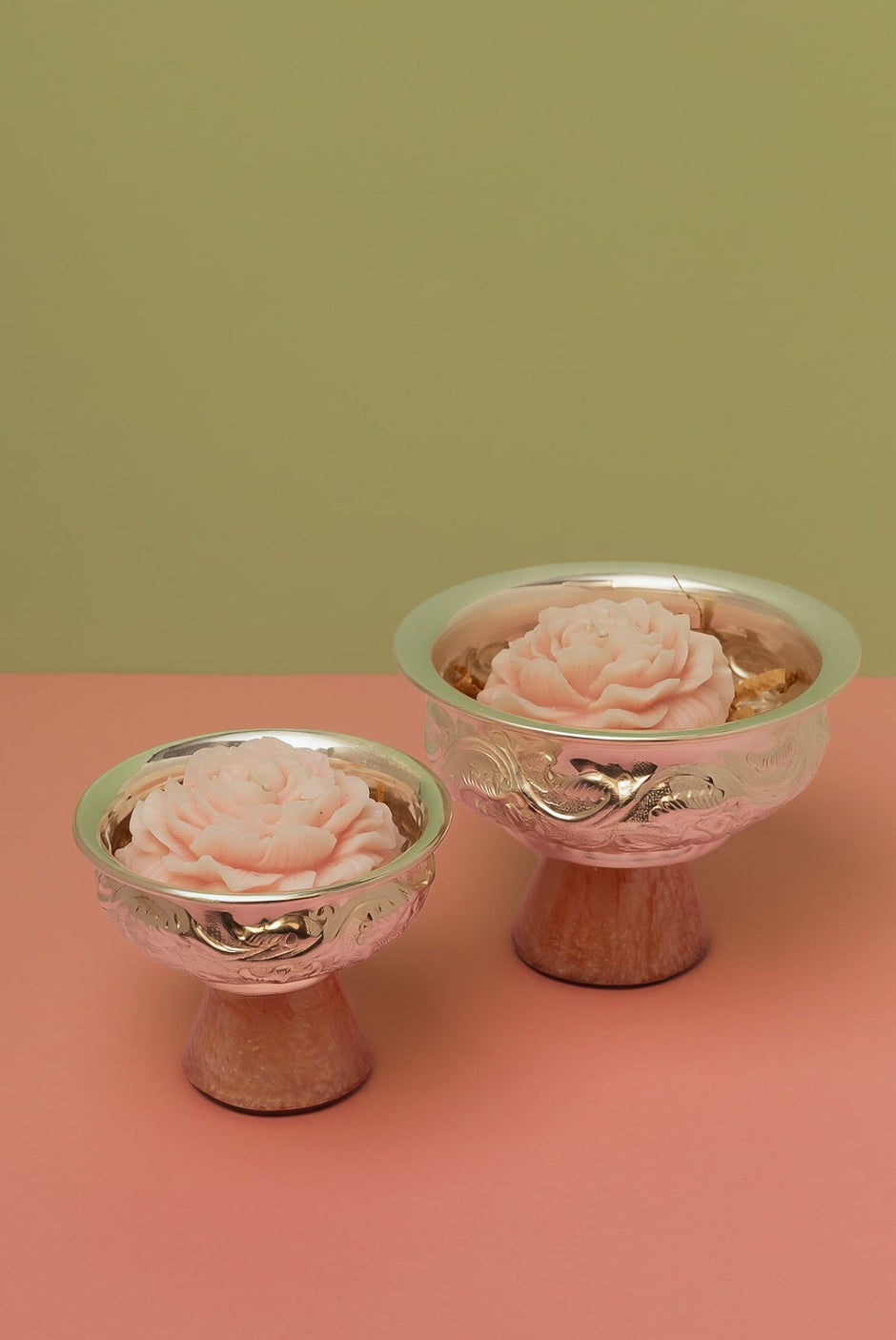 Urli Set with Pink Resin Stands — Silver Plated 5.5" & 4" with Candles