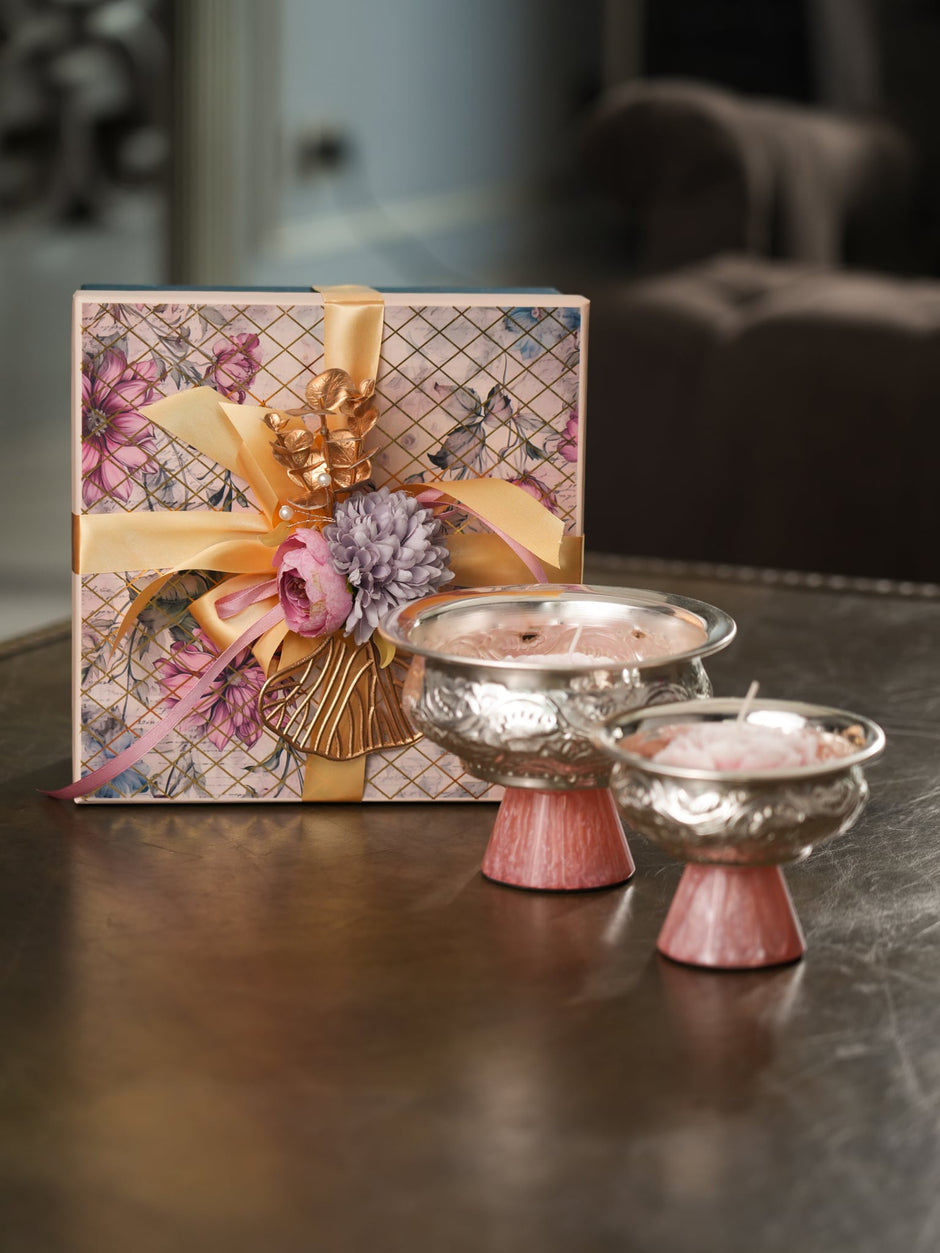 Urli Set with Pink Resin Stands — Silver Plated 5.5" & 4" with Candles