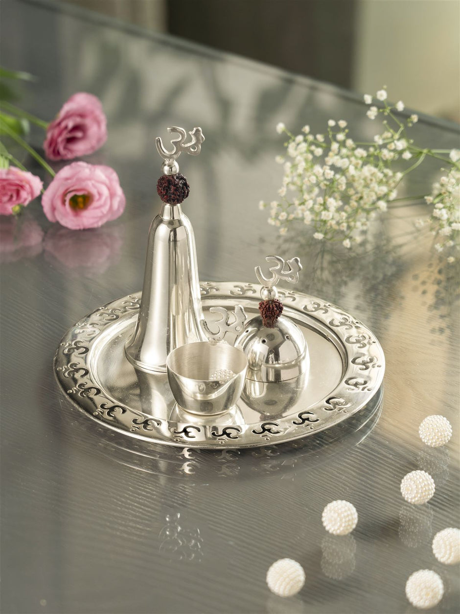 Rudraksh Pooja Thali — Silver Plated Om Thali 8