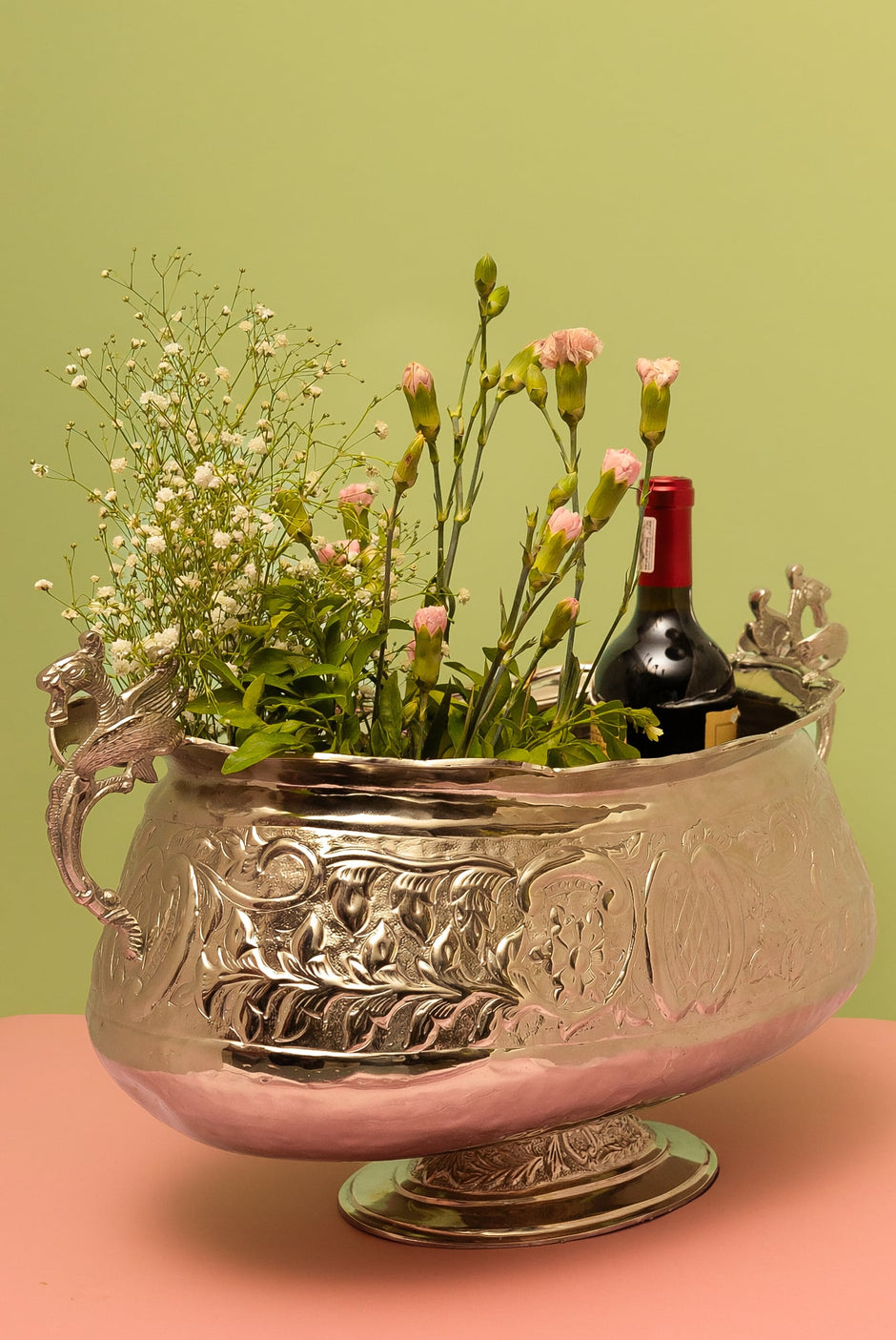 Big Carving Vase 17″ — Silver Plated Brass Centrepiece with Stand