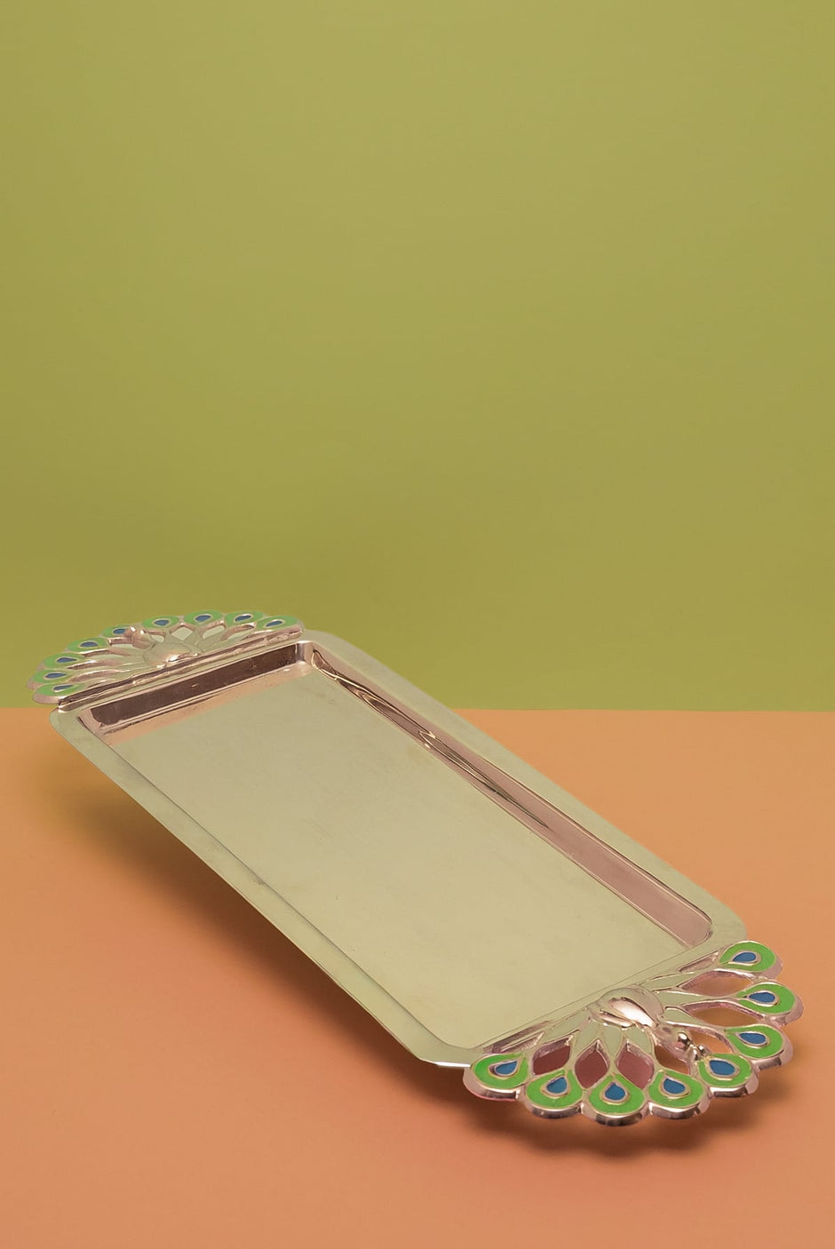 Big Peacock Rectangle Tray — Silver Plated 16" x 7.5" with Enamel Handles