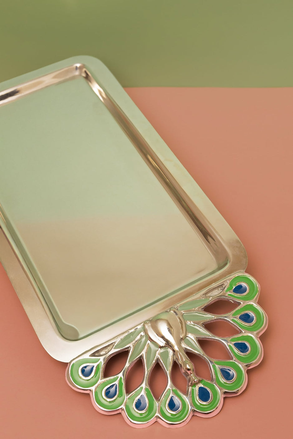 Big Peacock Rectangle Tray — Silver Plated 16" x 7.5" with Enamel Handles