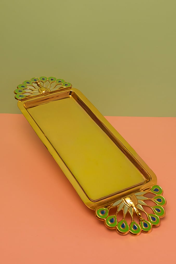 Big Peacock Rectangle Tray — Silver Plated 16" x 7.5" with Enamel Handles