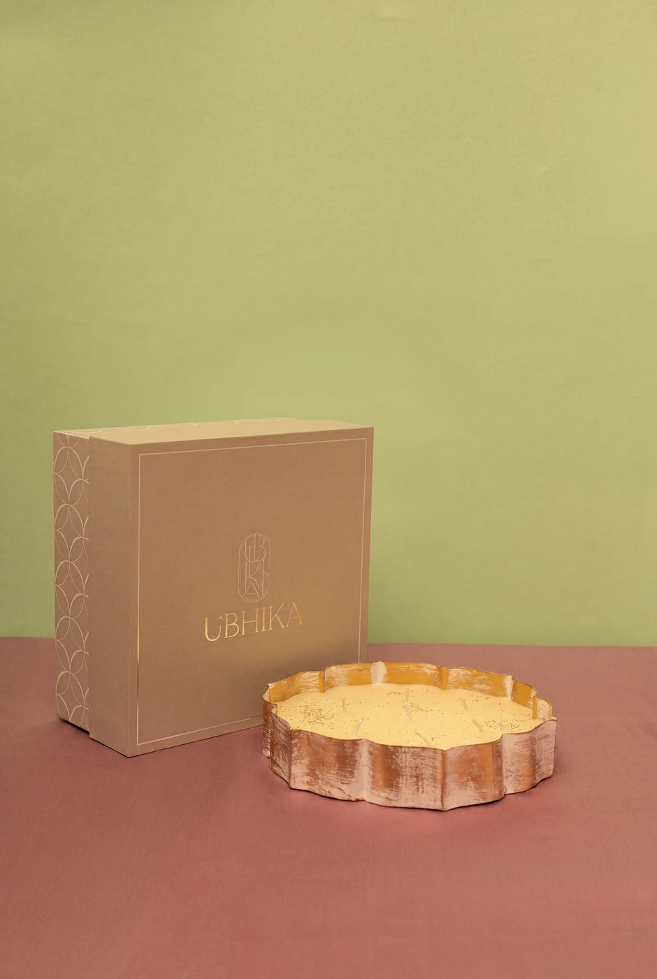 Lotus Urli Candle 8" — Metal Urli with Poured Wax Candle