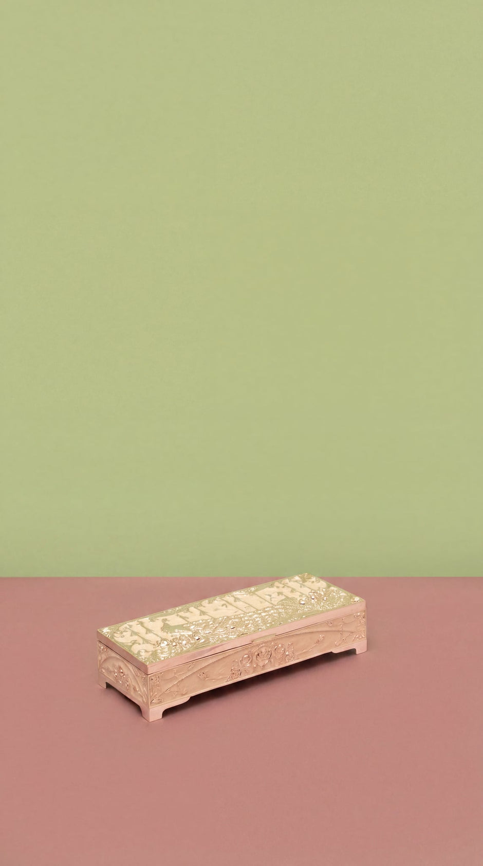 Rectangle Ivory Box — Silver Plated Peacock Engraved 9.5" x 3.5"