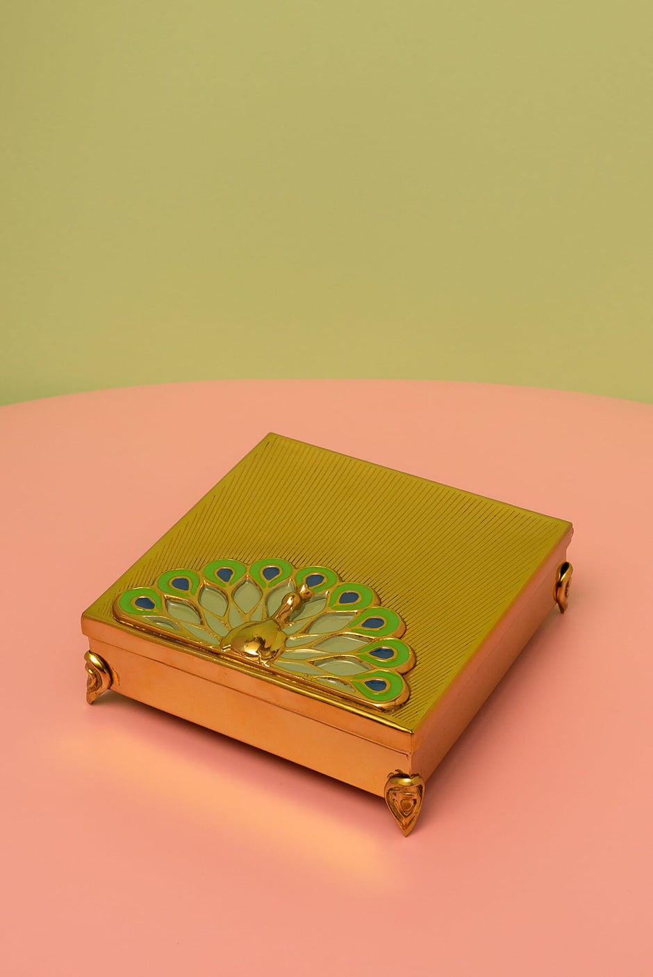 Silver Plated Peacock Carving Box — Brass 8" x 8"