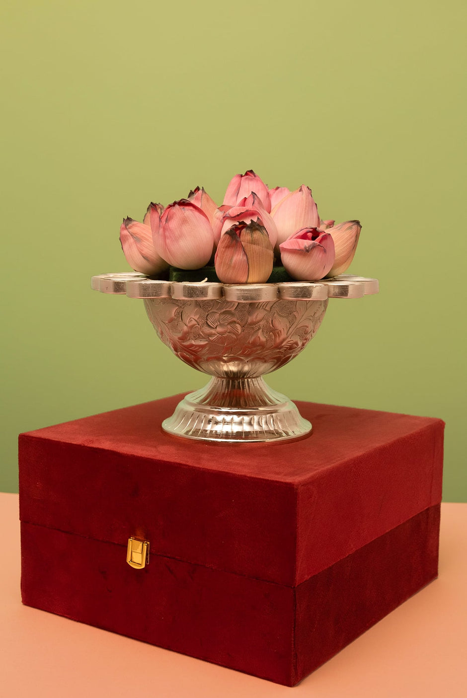 Silver Plated Tealight Urli with Stand — 9.5" in Velvet Box