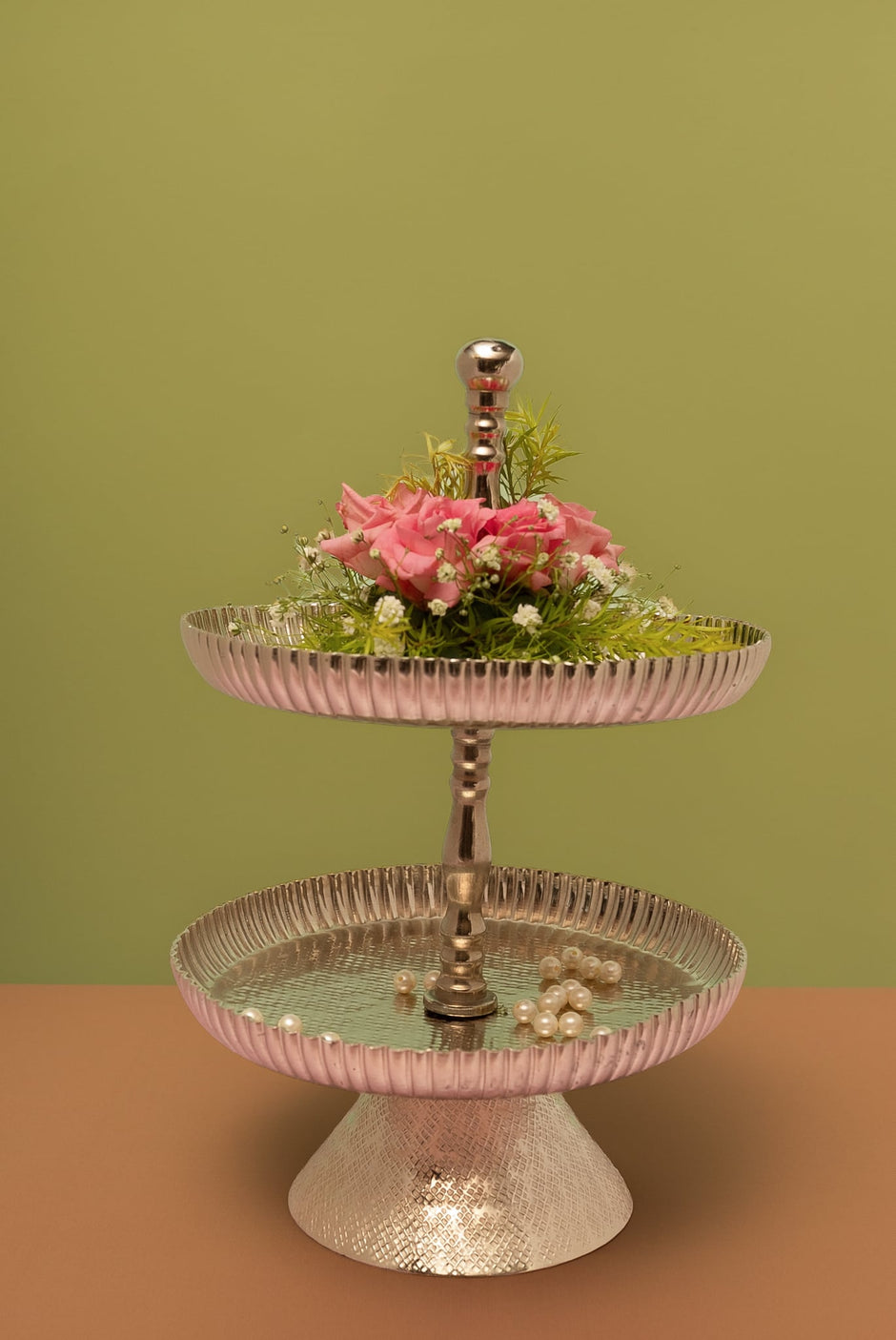 Silver Plated Two-Tier Stand — 14" Height, 9" Plates