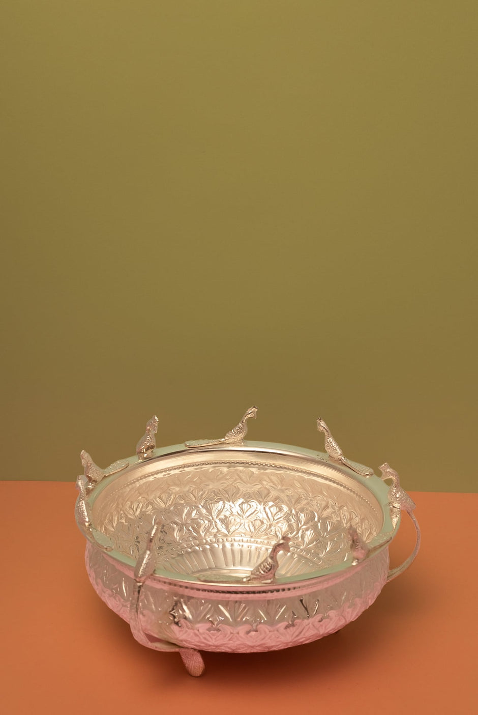 8" Peacock Urli — Silver Plated with Peacock Figurines