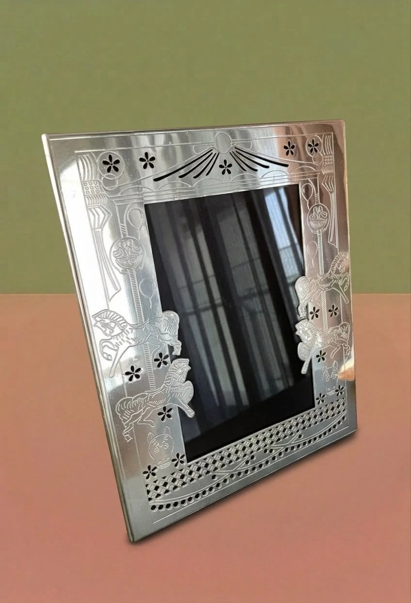 Baby Photo Frame — silver plated frame engraved with carousel horses, balloons and flowers