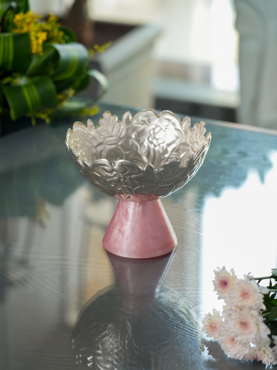 Carved Urli with Pink Stand — Decorative Centrepiece