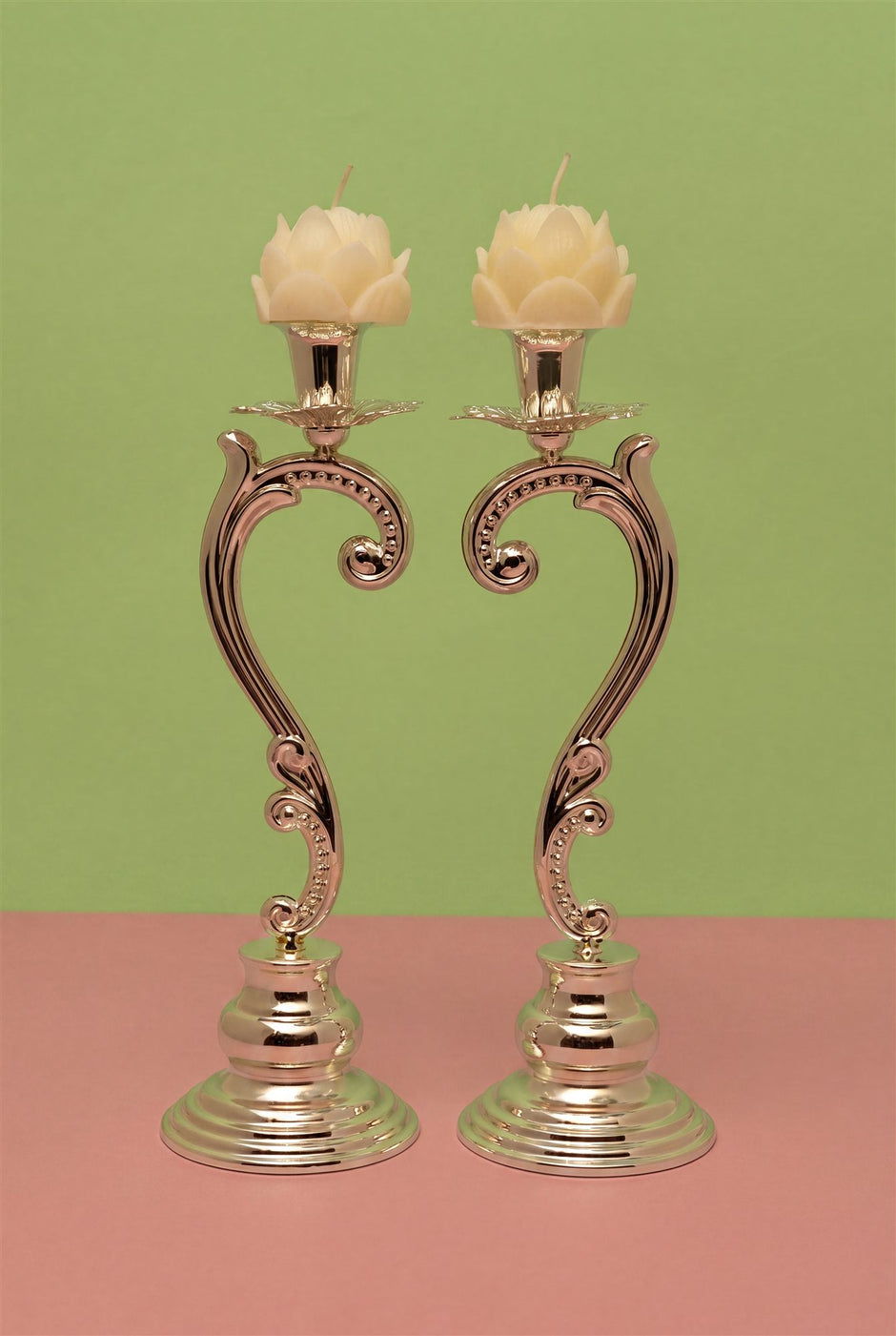 Floral Candle Stand — Silver Plated 11.5" Set