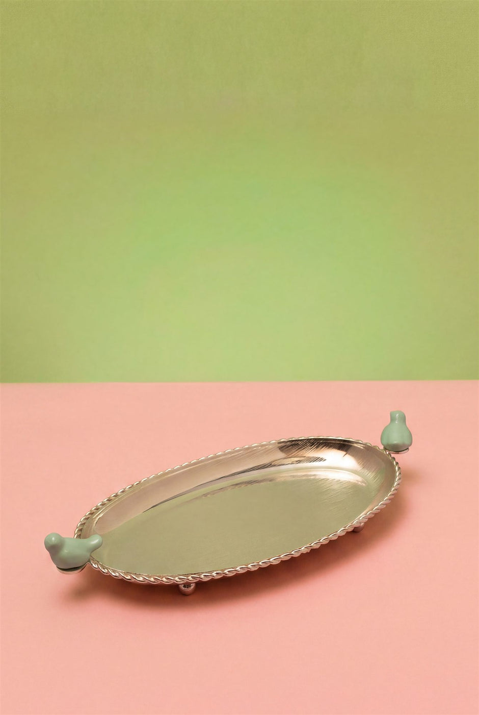 Oval Tray with Ceramic Birds — Silver Plated 10" x 5.5"
