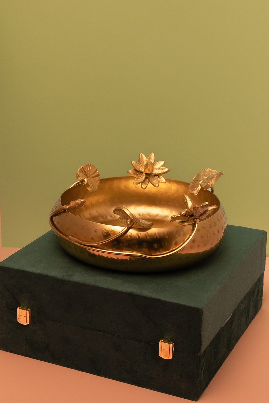 Brass Flower Urli 9.5" — Golden Sculpted Bowl in Velvet Box