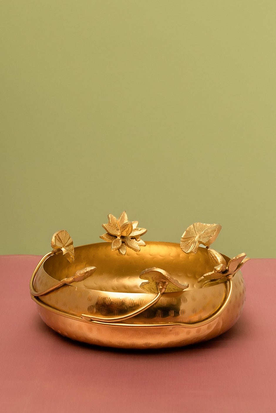 Brass Flower Urli 9.5" — Golden Sculpted Bowl in Velvet Box