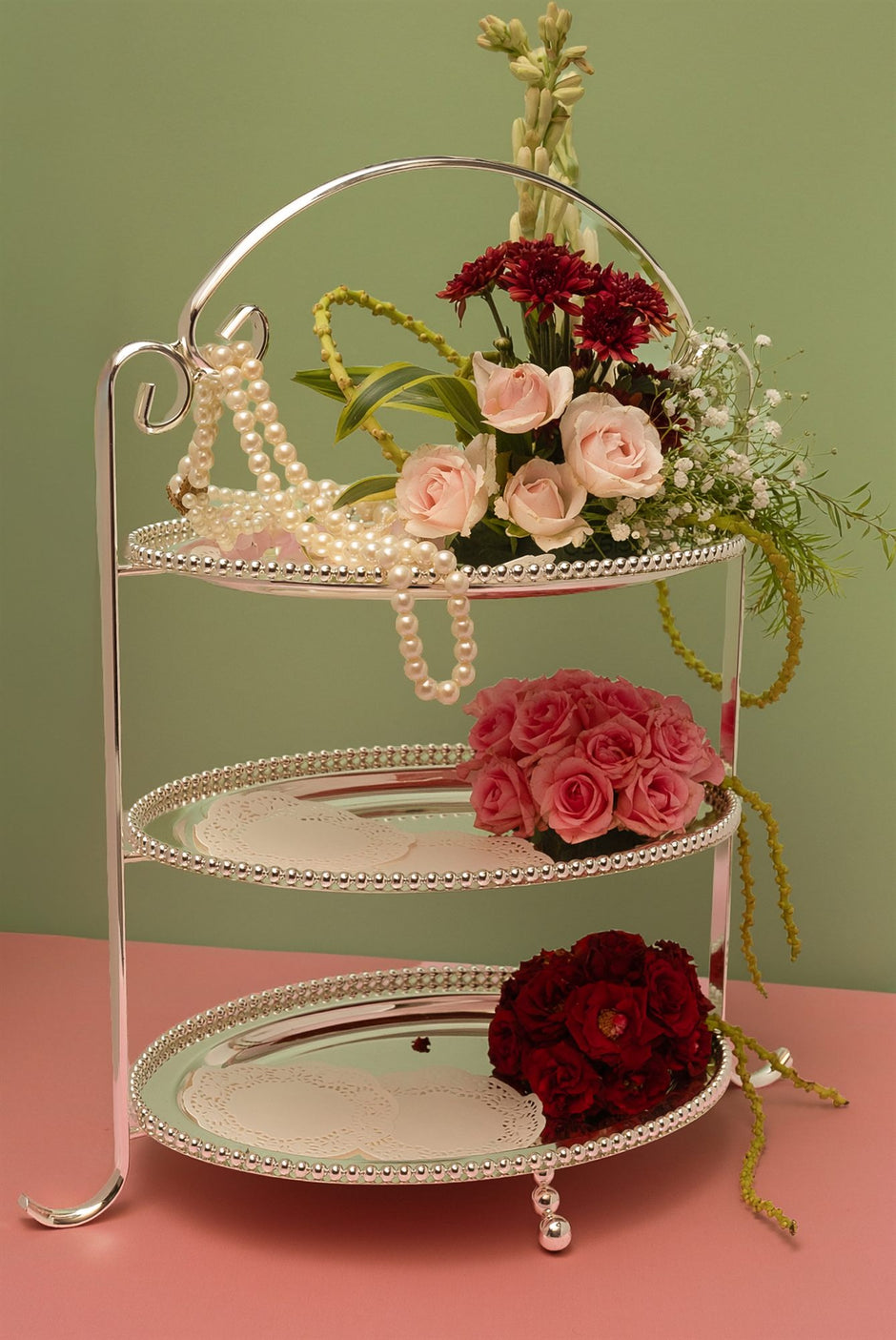 Three-Tier Pearl Beading Tray Stand — Silver Plated 22"