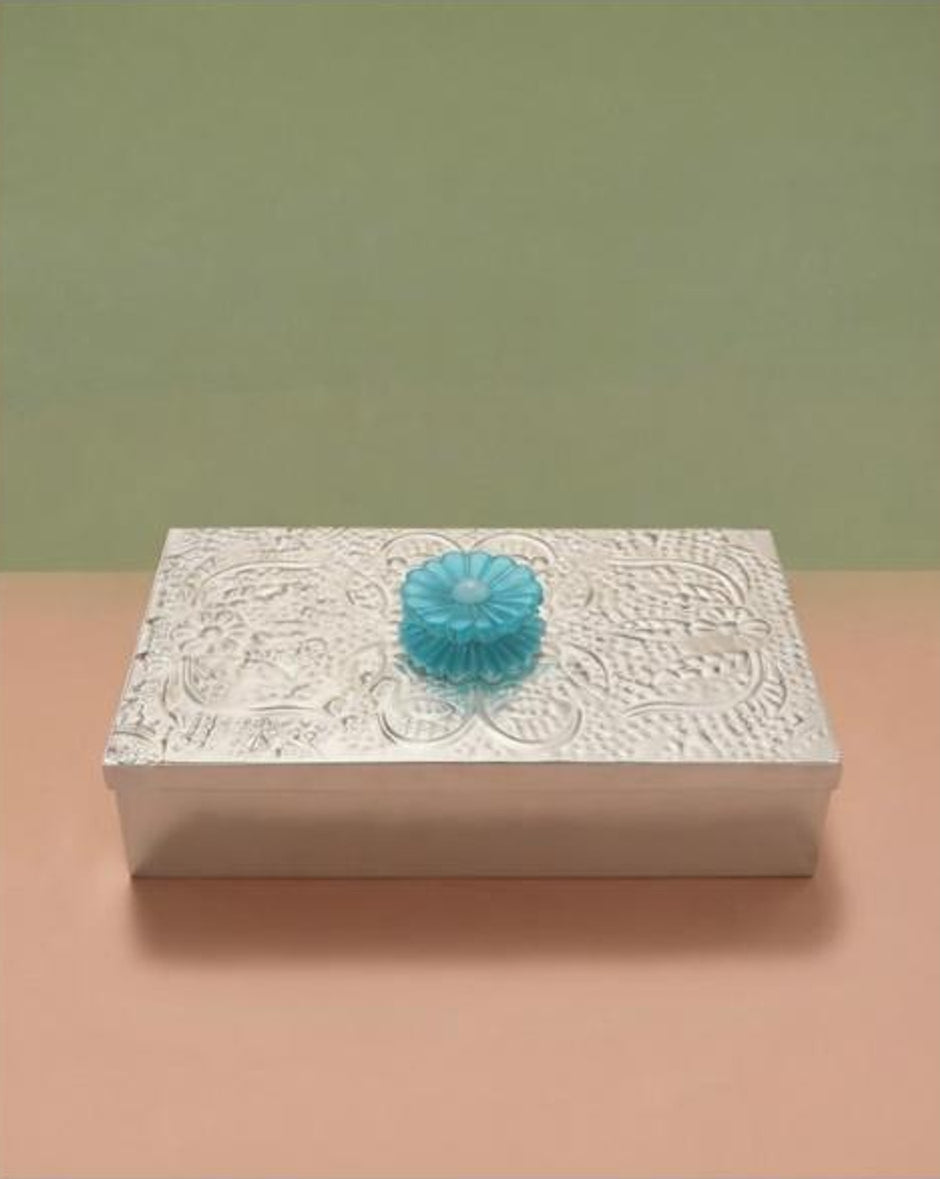 Hand Carved Box with Resin Flower — silver plated rectangular box with a turquoise resin flower on the lid