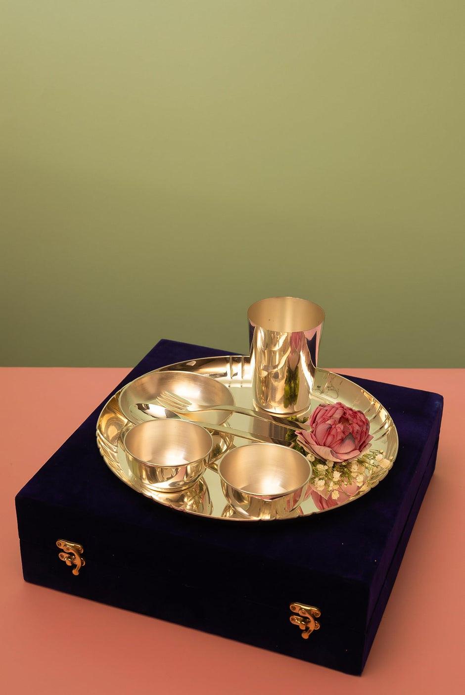 Thali Set — Modern Silver Plated Thali with Bowls, Cutlery & Elephant Glass in Velvet Box