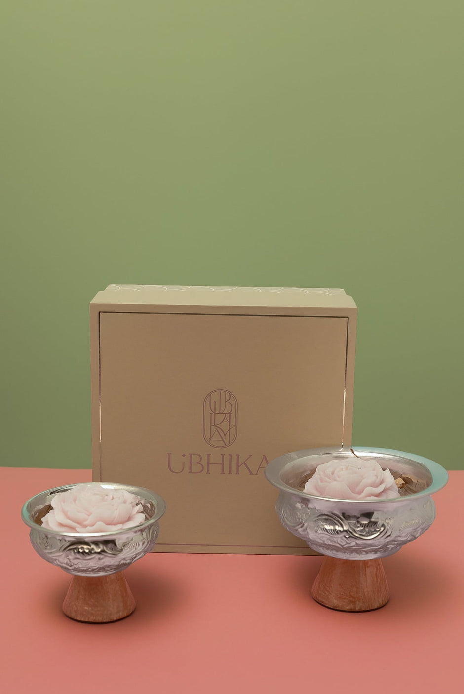 Urli Set with Pink Resin Stands — Silver Plated 5.5" & 4" with Candles